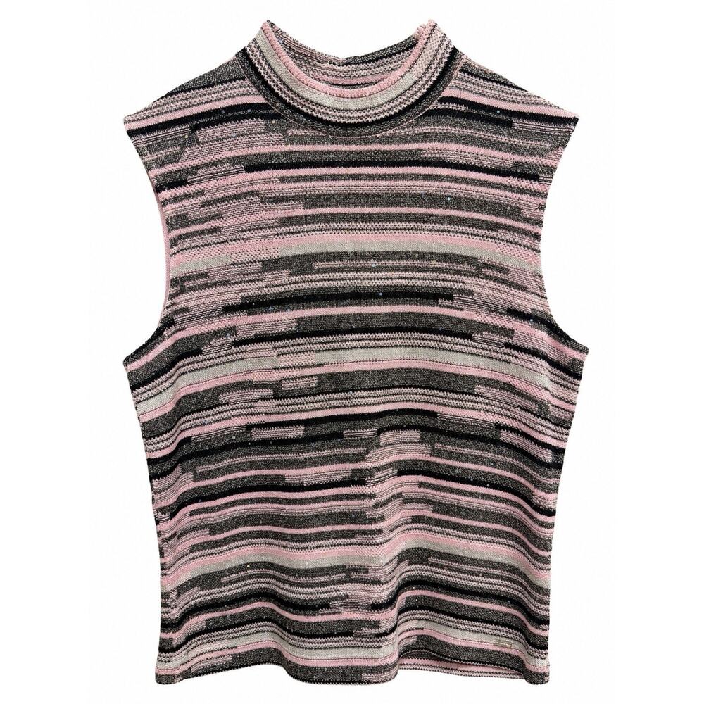 St John Sport Lightweight Knit Tank Top S Pink Black Metallic Sequin Wool EUC